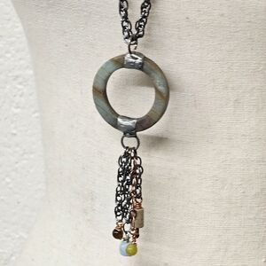 Jasper Aquamarine Handmade Double Link Chain Circle Pendant Necklace